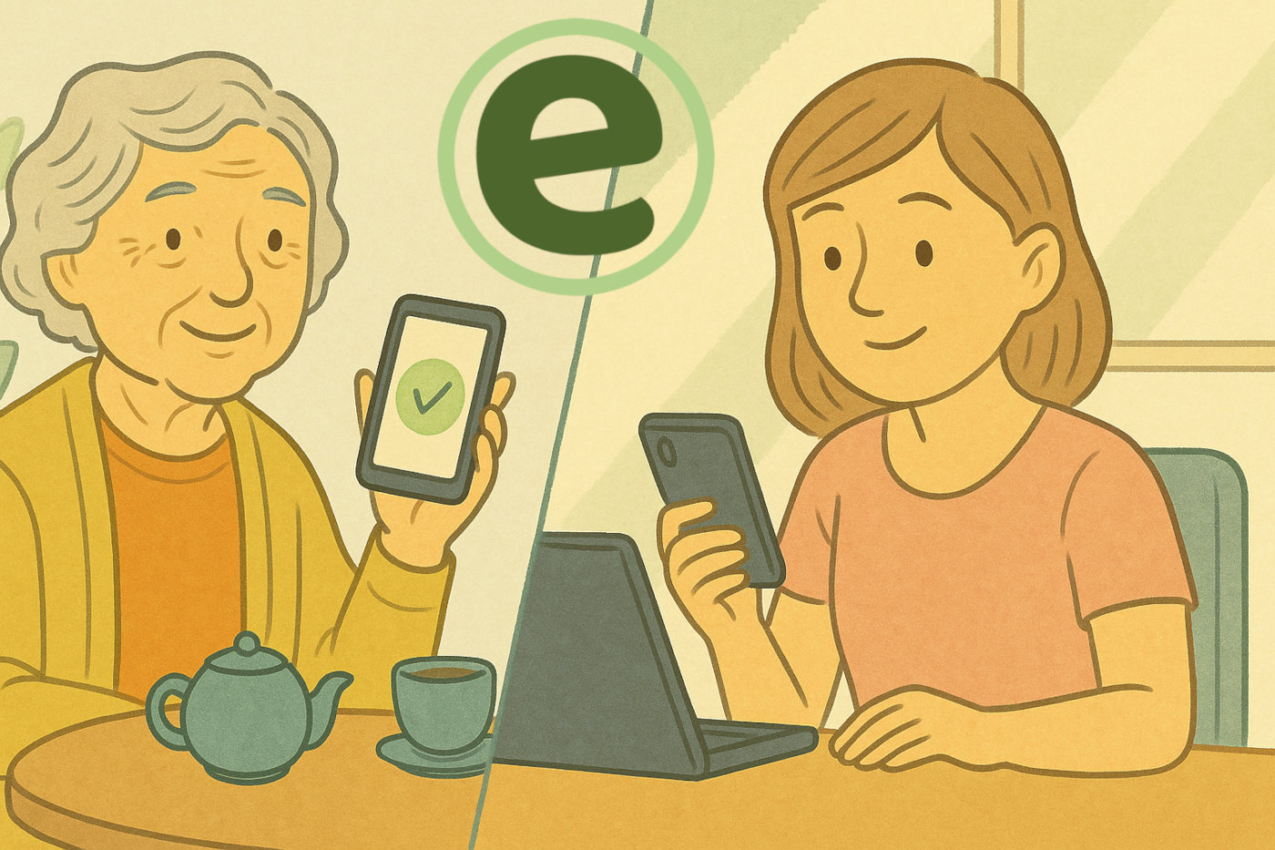 Graphic of elderly woman and her daughter using ElderNova app